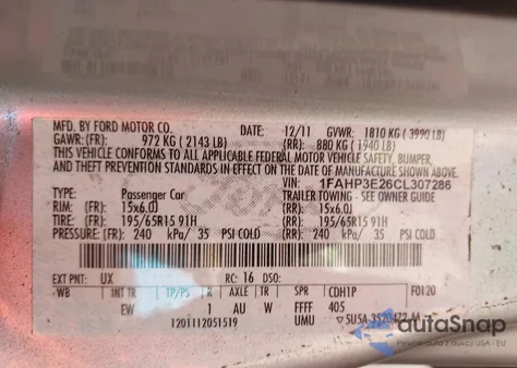 2012 Ford Focus S z USA, uszkodzony, nr VIN 1FAHP3E26CL307286